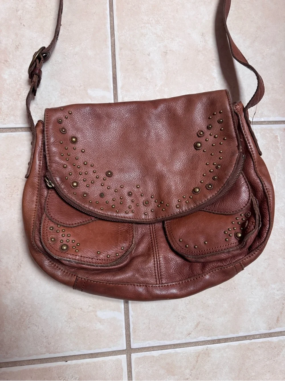 Lucky Brand Brown Leather Studded Crossbody Bag